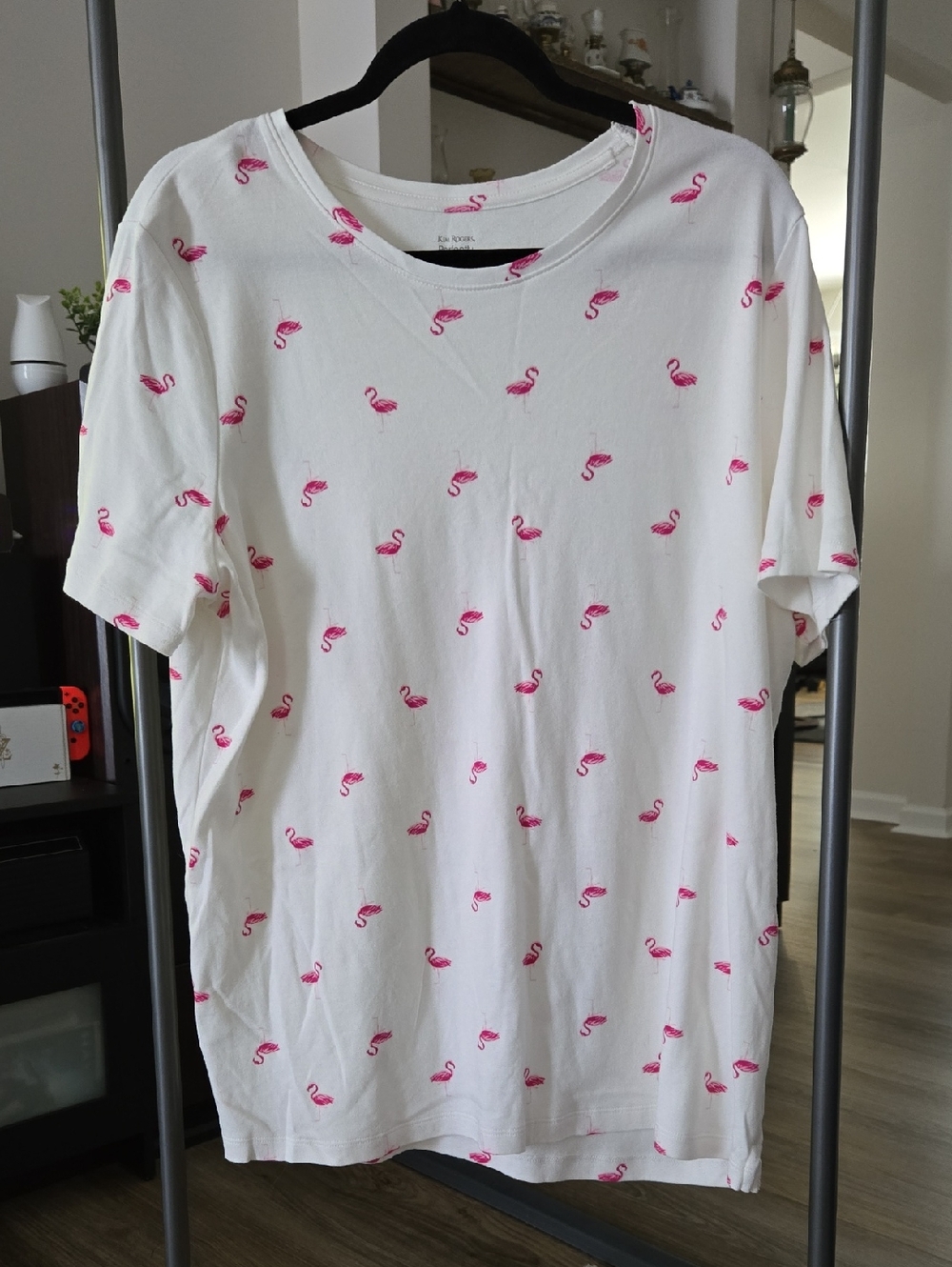 Kim Rogers White Short Sleeve Tee with Pink Flamingo Print